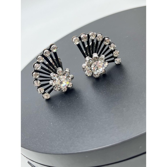 Coro Vintage Signed Rhinestone Clip-On Fan Silver Tone Black Crystal Earrings - Picture 15 of 16